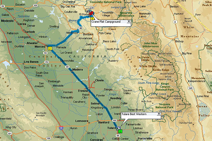 Tulare to Crane Flat Map