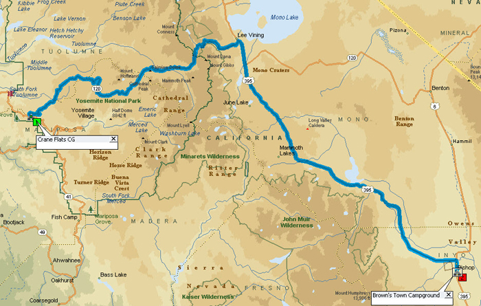 Crane Flat to Bishop Map